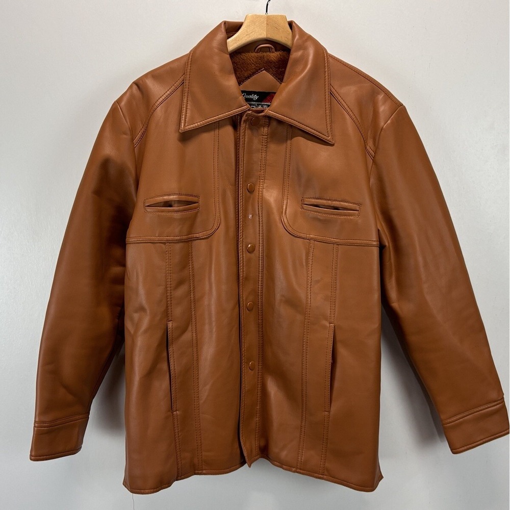 Vtg Sears The Men's Shop Faux Leather Jacket Sz Medium Camel Color 70's Lined